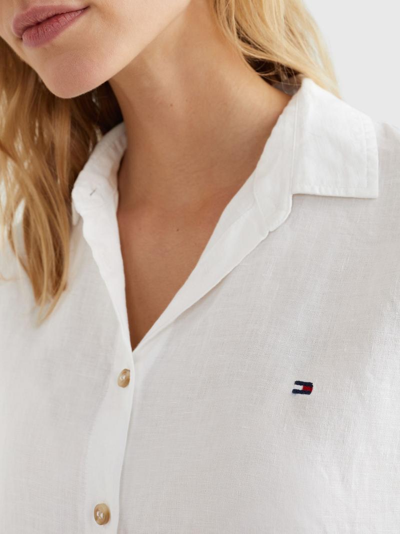 Női Tommy Hilfiger Linen Rövid-Sleeve Ingek Fehér | HU 286DFM